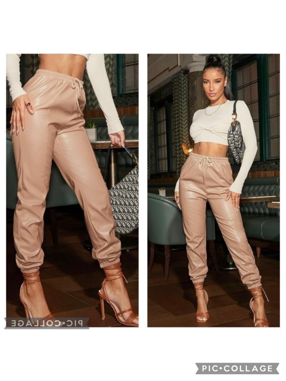 Floerns Tan Faux Leather Joggers High Waist Cropped NWT S Gorpcore